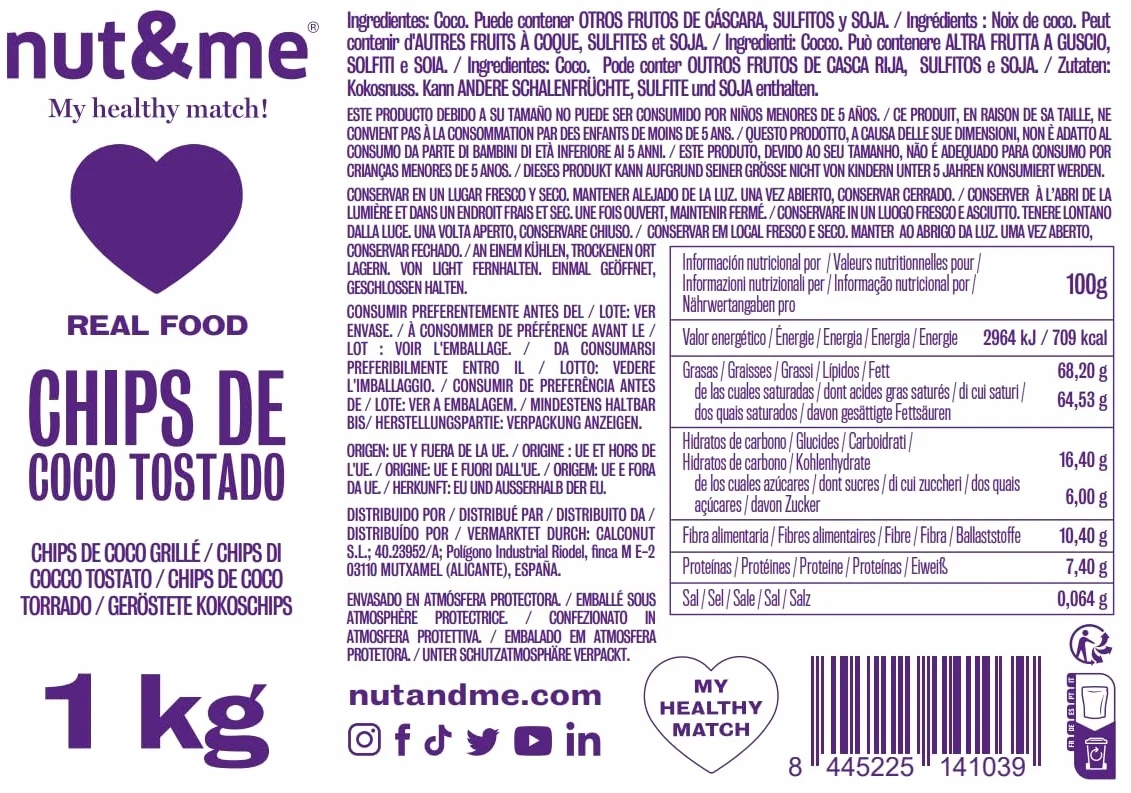 Chips de coco tostado 1 kg Pack 10 x 100 gr Sin azúcar Sin aditivos Snack saludable