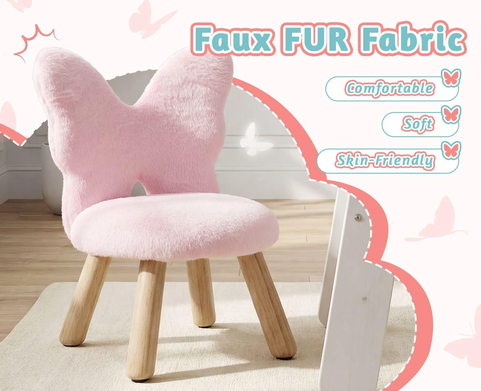 chairus Silla Infantil con Respaldo en Forma de Mariposa, Sillón Infantil de Pelo Sintético Silla para Niñas con Patas de Madera, Rosa