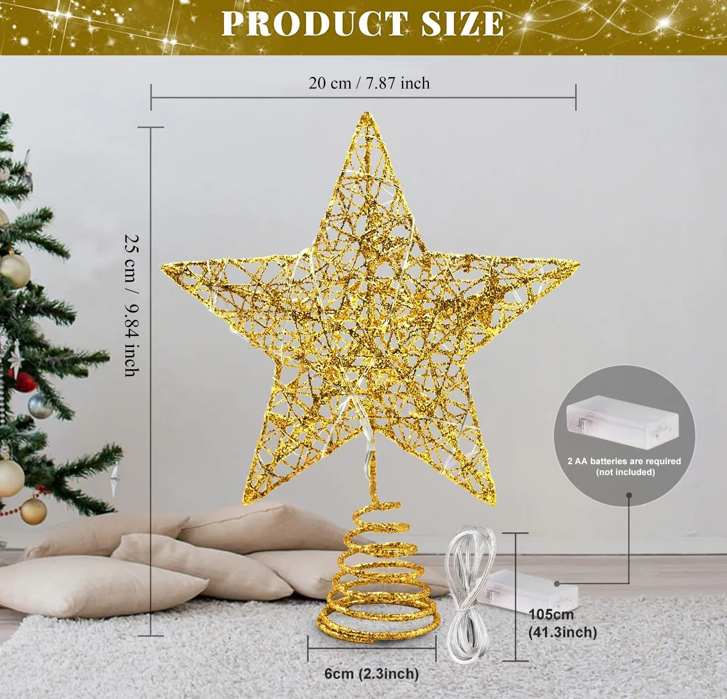 Estrella Arbol Navidad 25 cm con Luz LED 20 Luces Diseño Metal Glittered Decoración Navideña Brillo Dorado