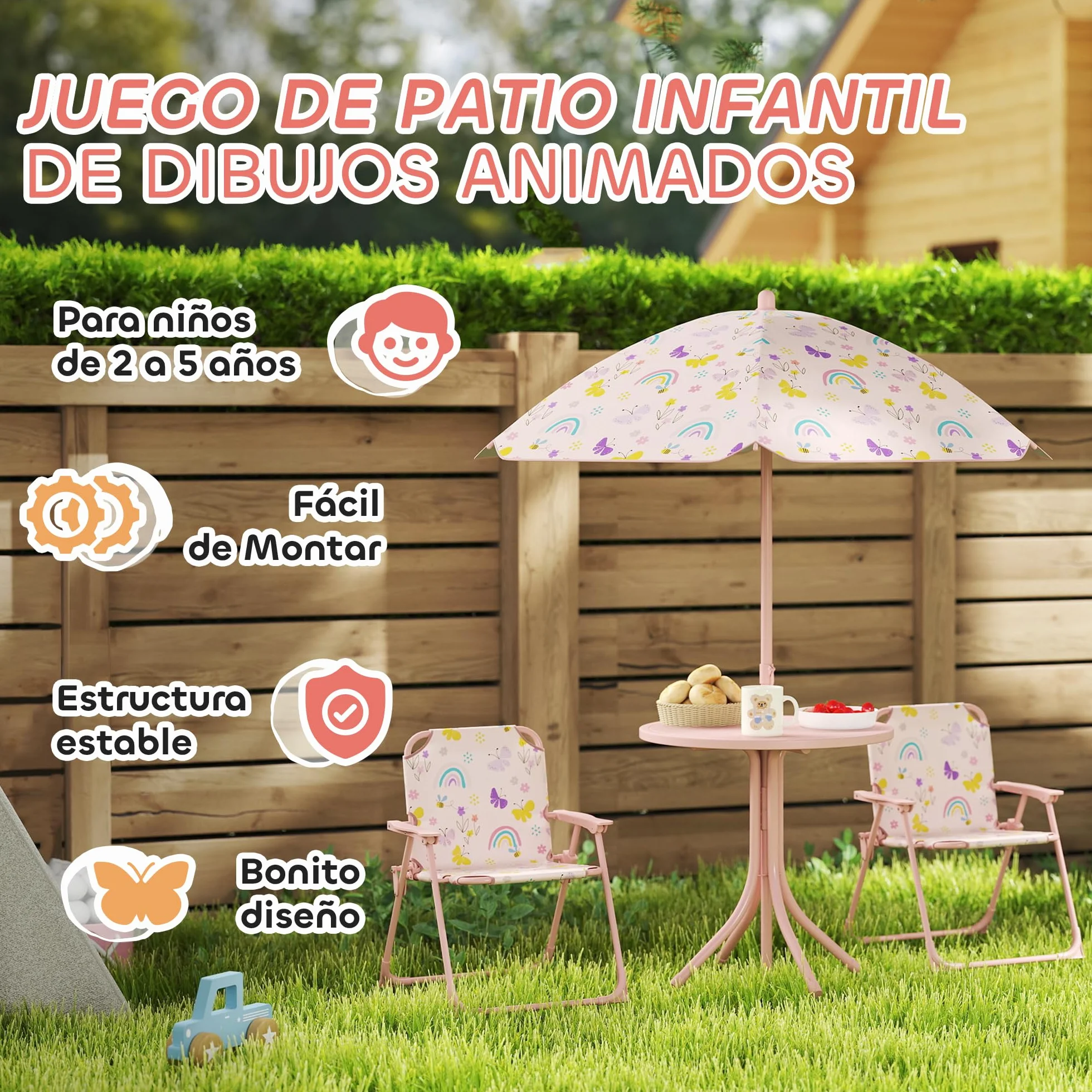 AIYAPLAY Conjunto de Mesa y Sillas Infantil de Jardín 4 Piezas con Sombrilla Ajustable