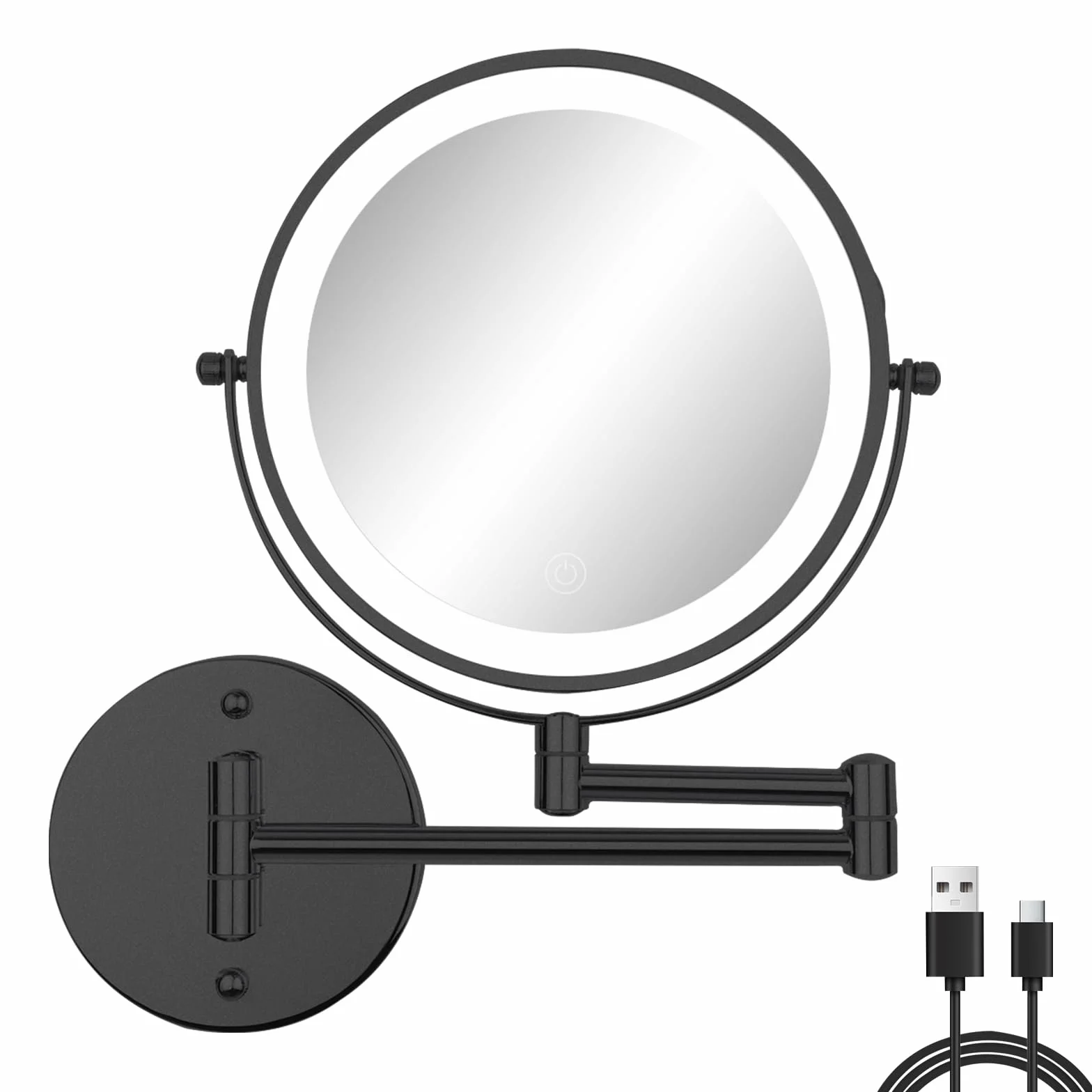 Espejo de maquillaje montado en la pared de 8 pulgadas con luces, espejo de afeitado LED recargable, aumento de doble cara 1X/10X, iluminación regulable de 3 colores, rotación de 360°, negro