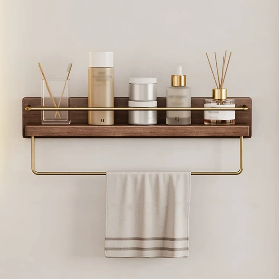 NevStp Estante organizador de madera maciza para ducha, estantes flotantes, accesorios de ducha, multifuncional, para baños, cocinas, dormitorios, con gancho, toallero, 45 cm