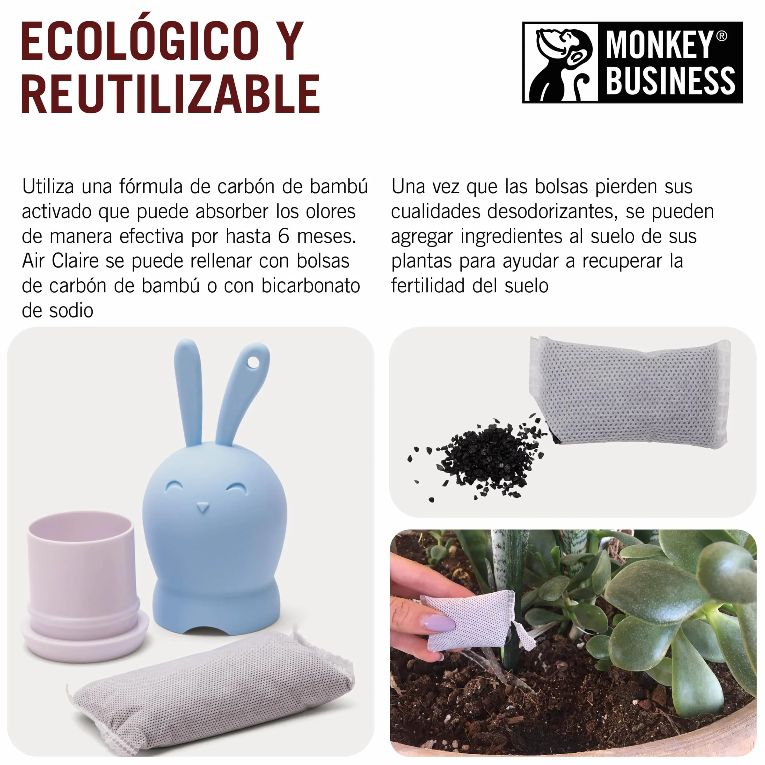 Monkey Business Eliminadores de Olores Carbón Activado para Armarios Bolsas Gimnasio Absorbente Ecológico