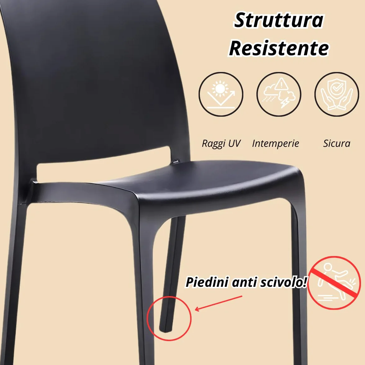 Tomaino - Silla de cocina de plástico, 6 sillas apilables de plástico con reposabrazos para exterior e interior, sillas para jardín, salón, balcón o bar, color negro