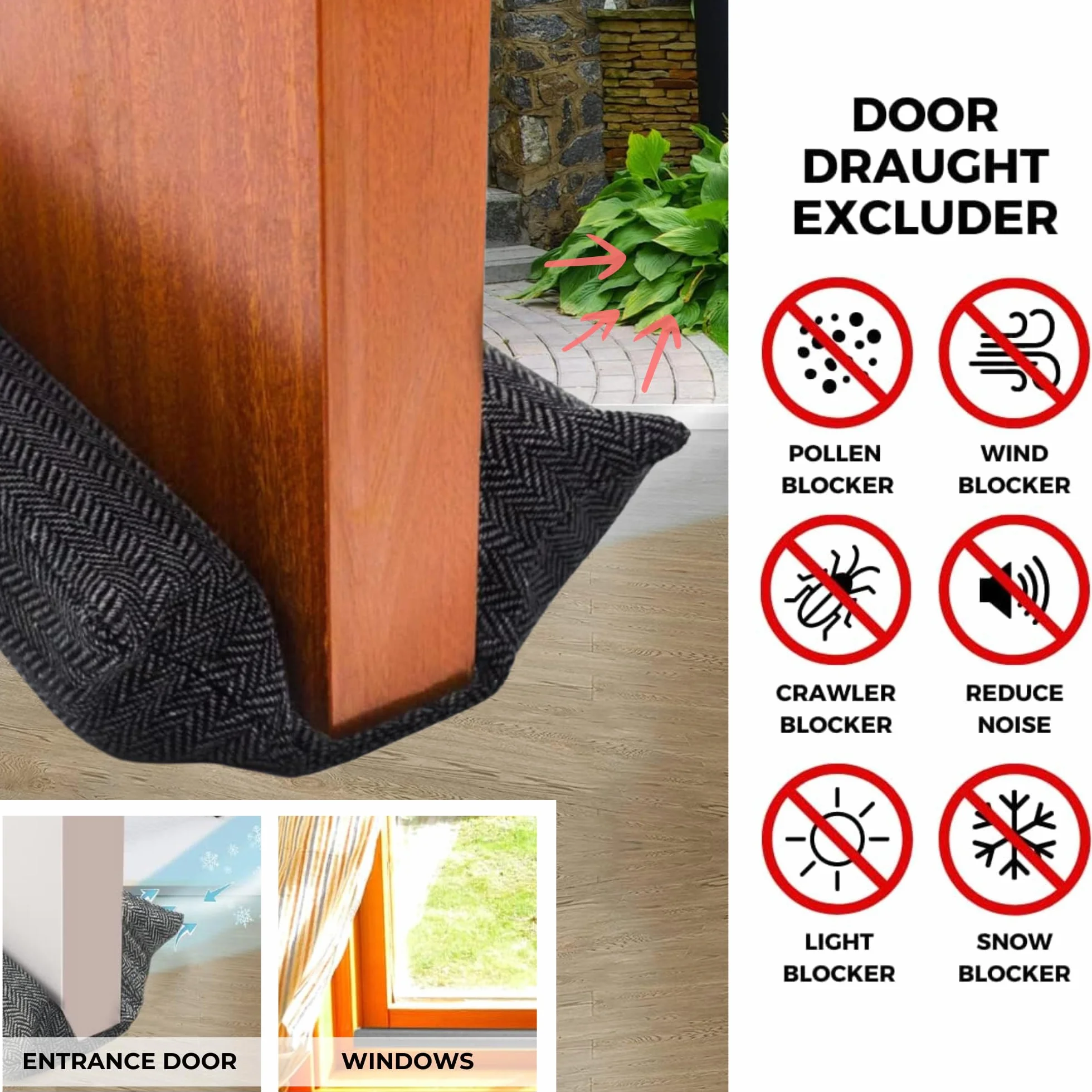 Burlete de Tela para Puertas y Ventanas, Doble Reutilizable, Lavable, Aislante Ruido Frío Viento, Ajustable 80-90 cm