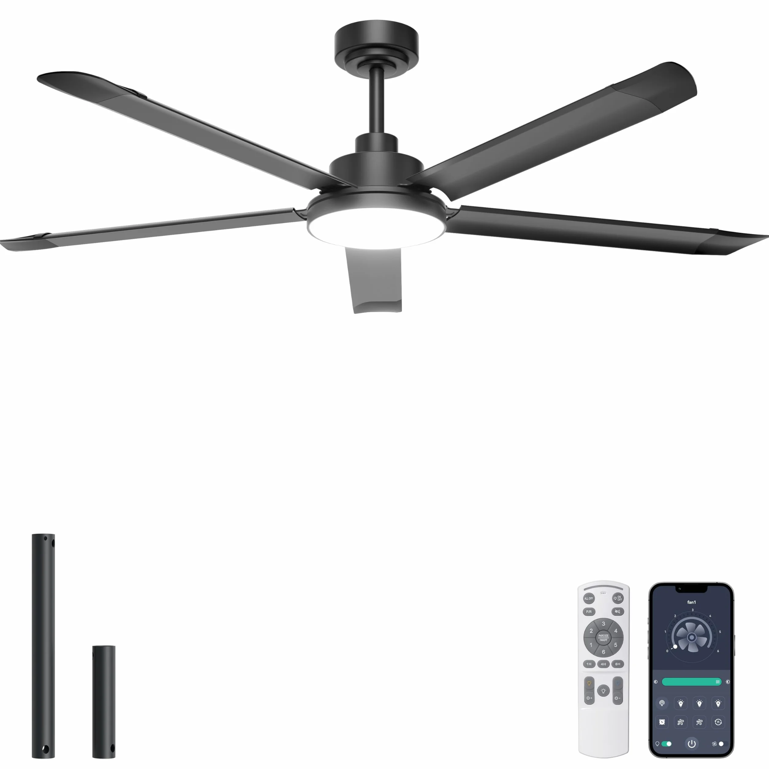 Ohniyou Ventilador de Techo de 152 cm con Luz, Ventiladores de Techo Industrial con Control Remoto/APP, 5 Aspas de Aluminio, Motor DC Silencioso, Ventilador para Salón, Terraza Exterior, Garaje, Negro