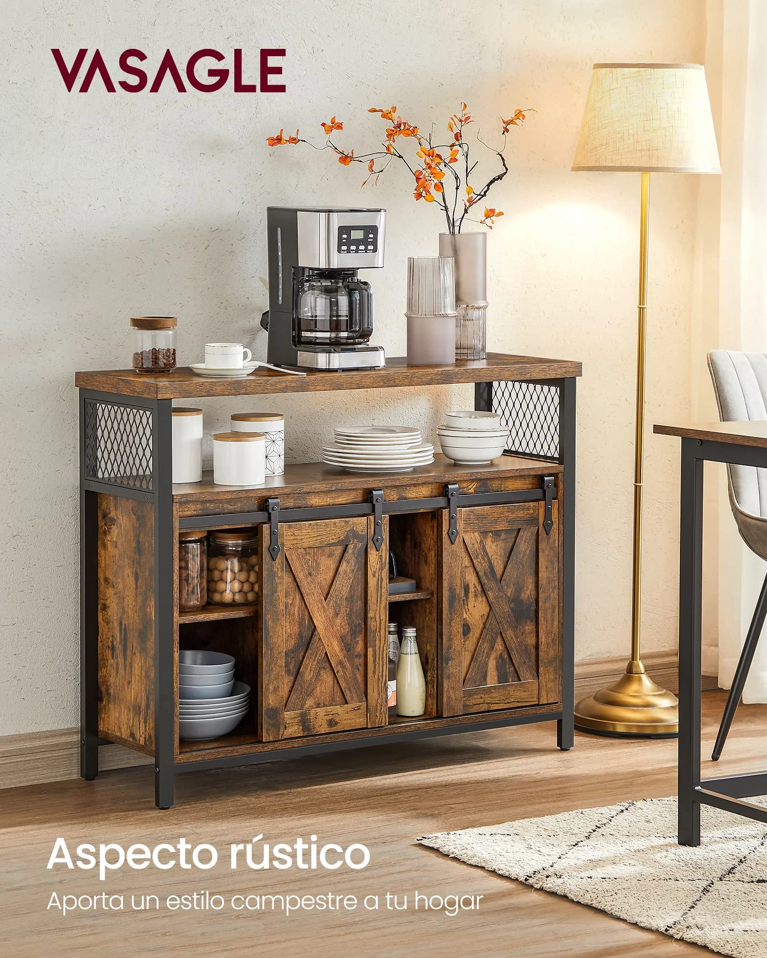 VASAGLE Aparador, Armario de Cocina, Armario de Almacenamiento, con 2 Puertas Correderas, 33 x 100 x 80 cm, Estantes Ajustables, para Salón, Marrón Rústico y Negro Tinta LSC092B01