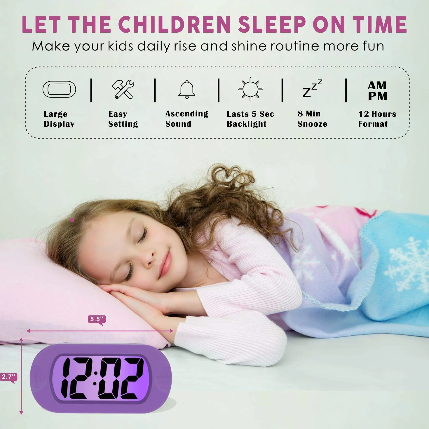 Plumeet Reloj Despertador Digital LCD Viaje, con Gran Pantalla, fácil de configurar, con Snooze y luz de Noche, Alarma con Sonido Ascendente y portátil, el Regalo Ideal para niños (Morado)