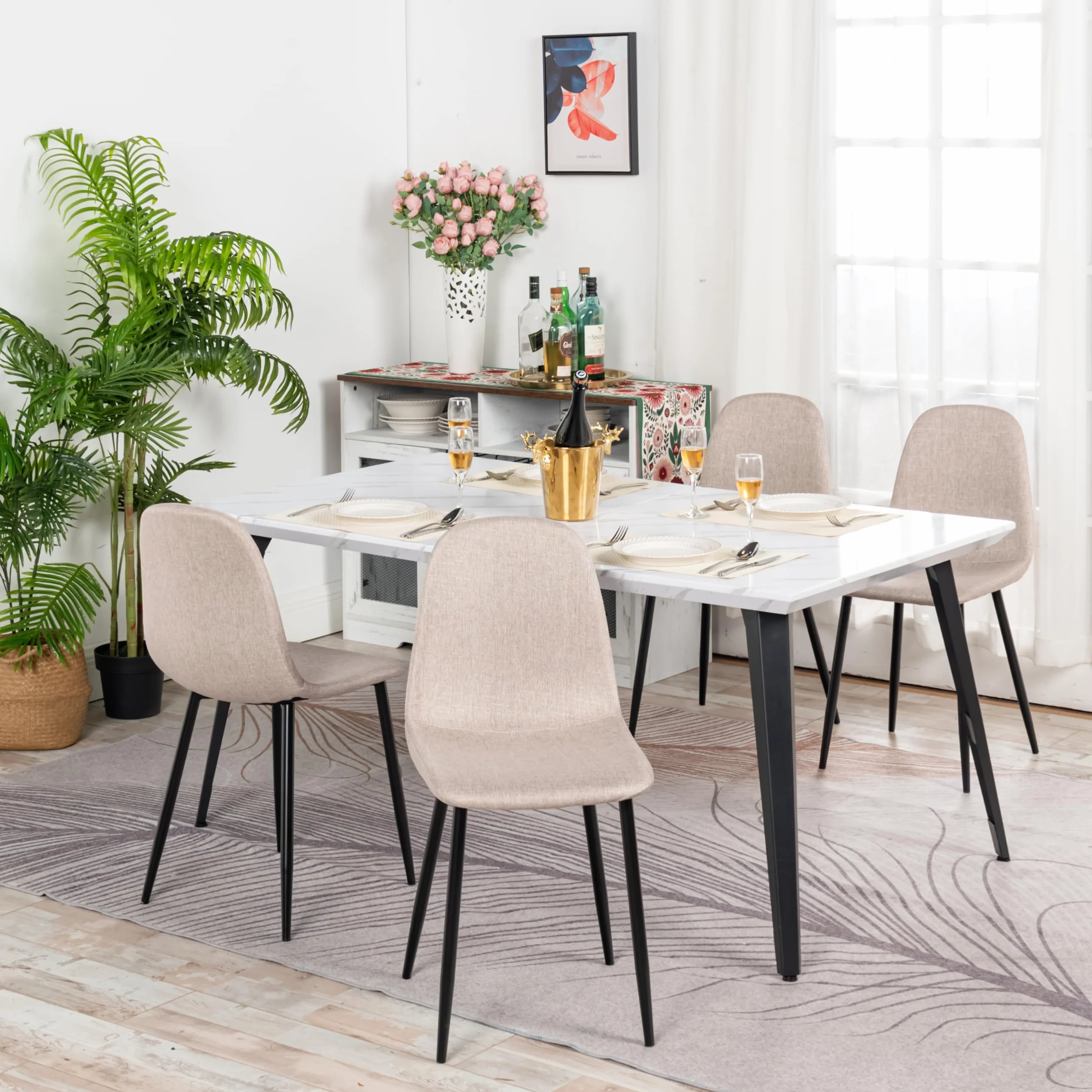Homy Casa Juego de 4 sillas de Comedor de Tela Suave flameada, sillas Laterales escandinavas con Patas de Metal Negro para Cocina, Comedor, Sala de Estar, Dormitorio, Beige Oscuro