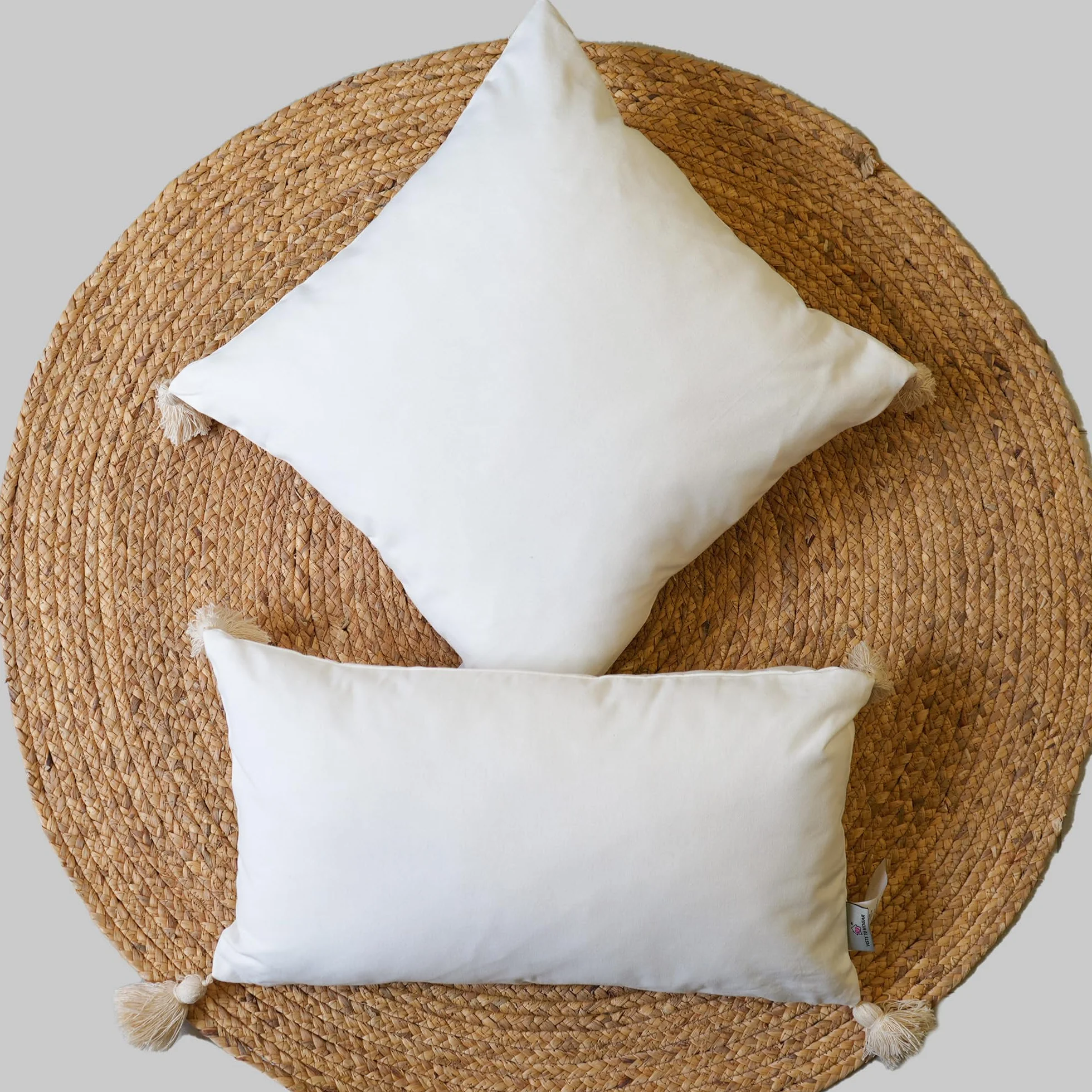 Pack 2 Cojín Decoración 100% Algodón con Borlas, Cremallera Oculta, Beige, 30x50cm