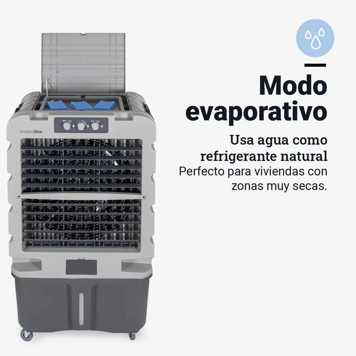 UNIVERSALBLUE Climatizador Evaporativo 120L, Caudal 10.000 m³/h, Cobertura 80 m², 350W, 3 Packs de Hielo, con Ruedas, Interiores y Exteriores, Almacenes