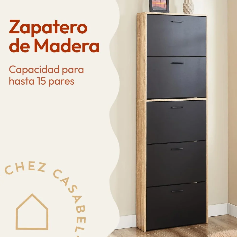 CASABEL Mueble Zapatero Moderno 5 abatibles, Almacenamiento para Zapatos 15 Pares, Negro y Madera, Mueble de Madera, Dimensiones L60xP17xH180 cm, Gran Capacidad, fácil de Instalar
