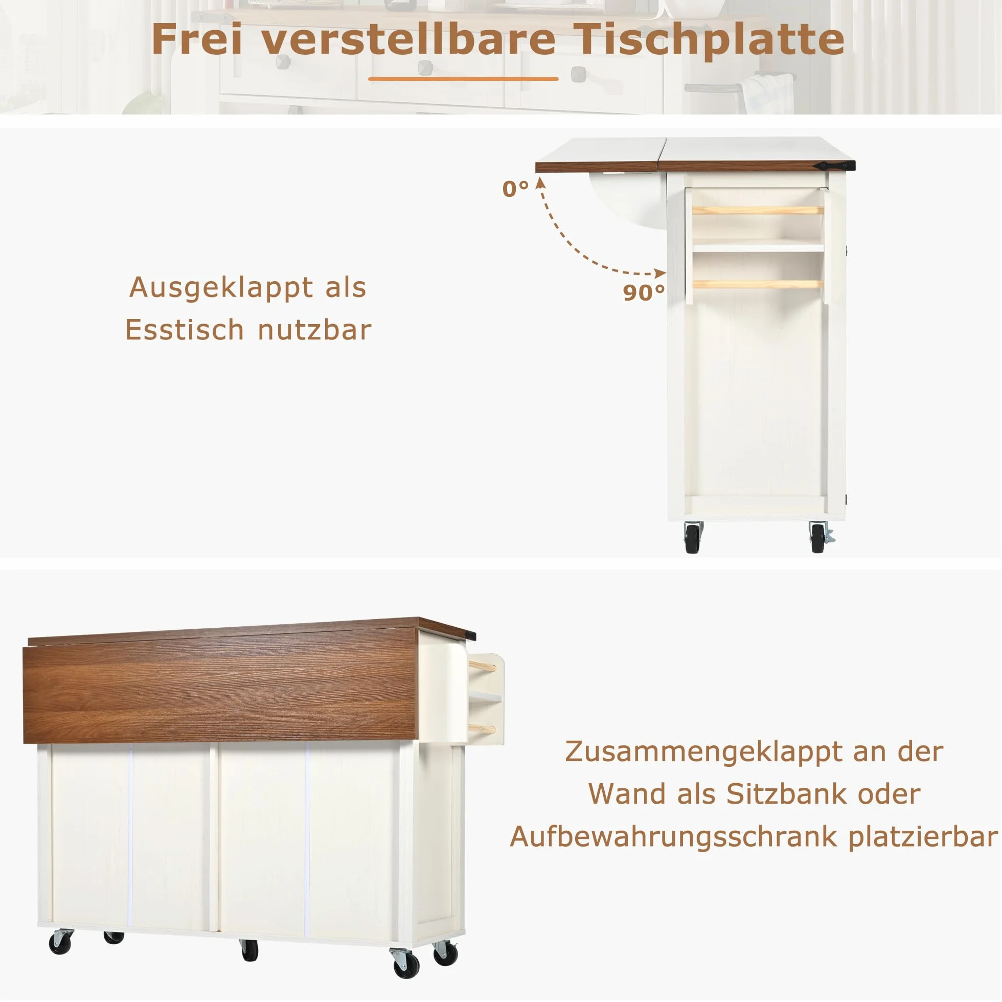 Isla de cocina con superficie de trabajo extraíble, mueble con cuatro puertas y dos cajones, carro de comedor