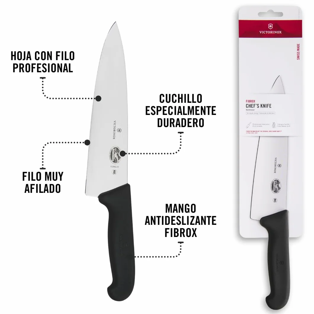 Victorinox Fibrox Cuchillo de cocina, cuchillo universal ancho para carne, pescado, verdura y hierbas, 20 cm, hoja recta, afilado, acero inoxidable, negro