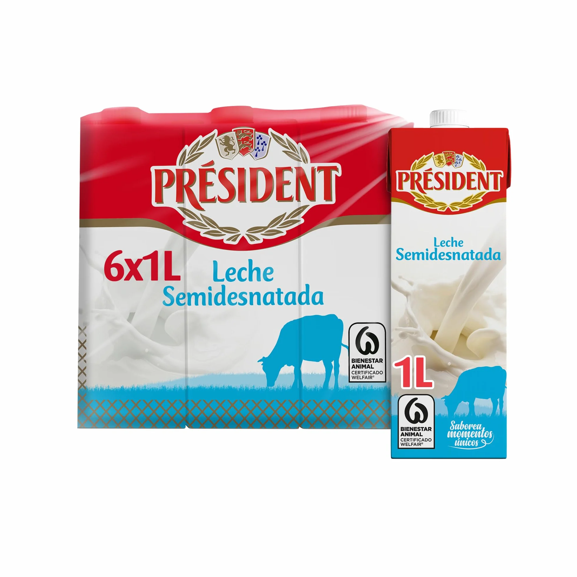 Président Leche Semidesnatada Bienestar Animal Brik UHT Pack 6 x 1L