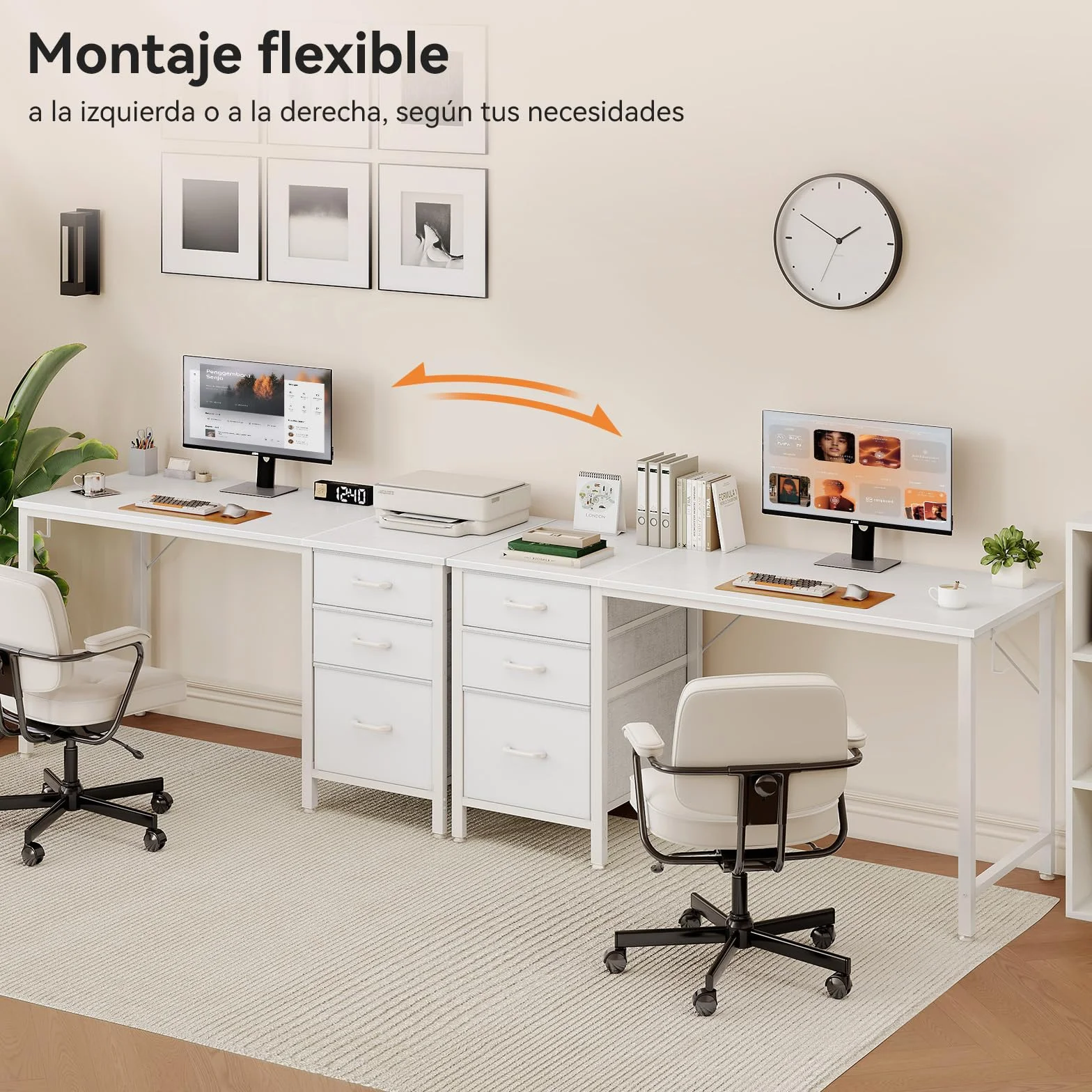 Coleshome Escritorio con 3 Cajones de Tela, 120x48cm, Soporte para Auriculares, Blanco, Reversible para Oficina en Casa