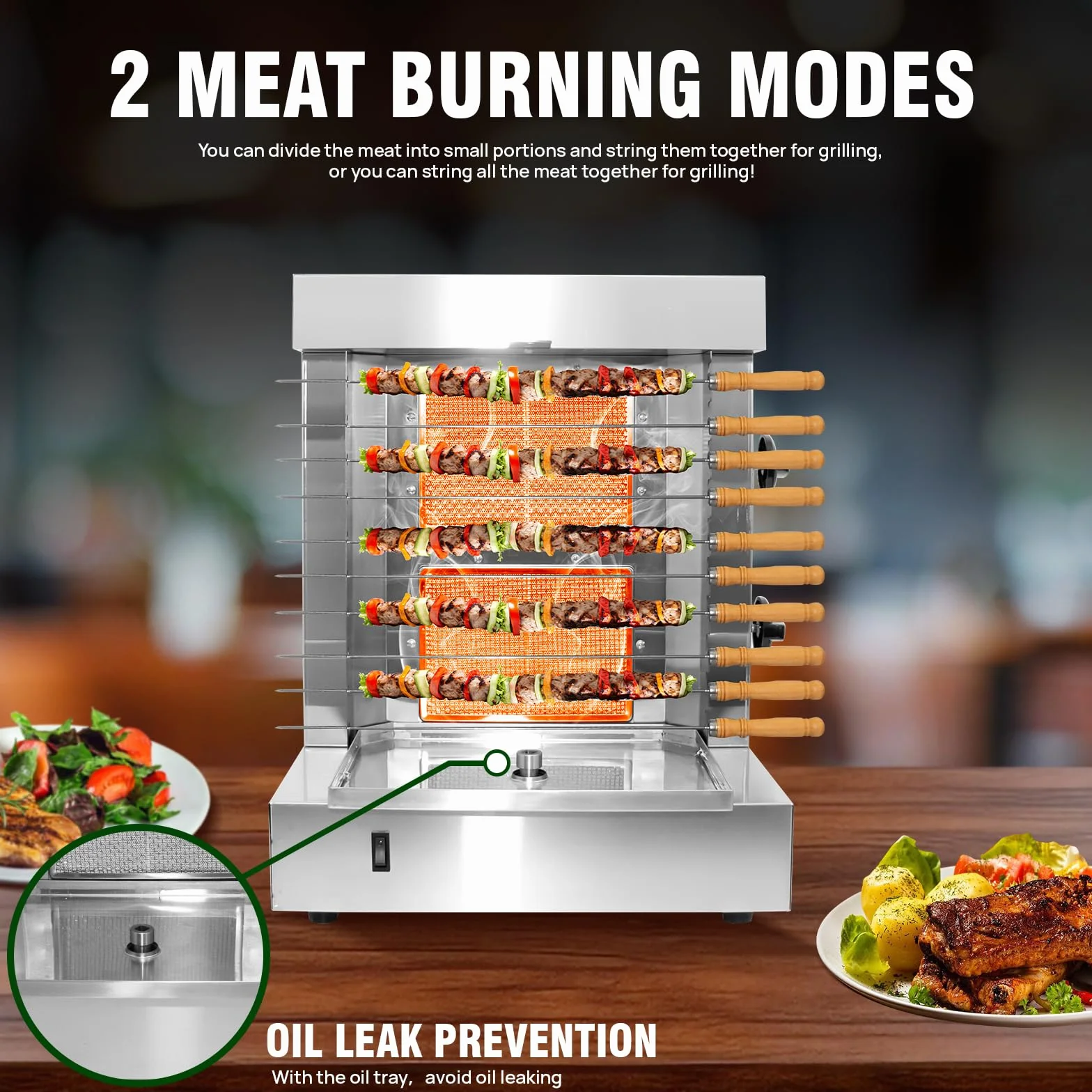 Máquina de Parrilla Shawarma Profesional 2 Quemadores, Asador para Kebabs y Tacos Al Pastor, Incluye 10 Pinchos de Acero Inoxidable