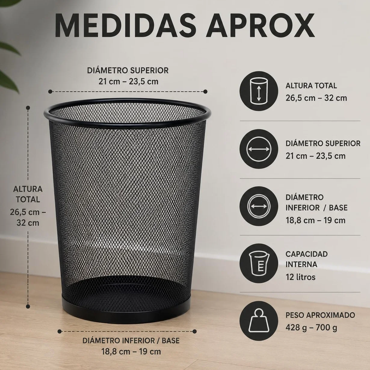 CABLEPELADO Papelera de Malla Metálica 12L Negra – Cubo de Basura de Acero Reforzado