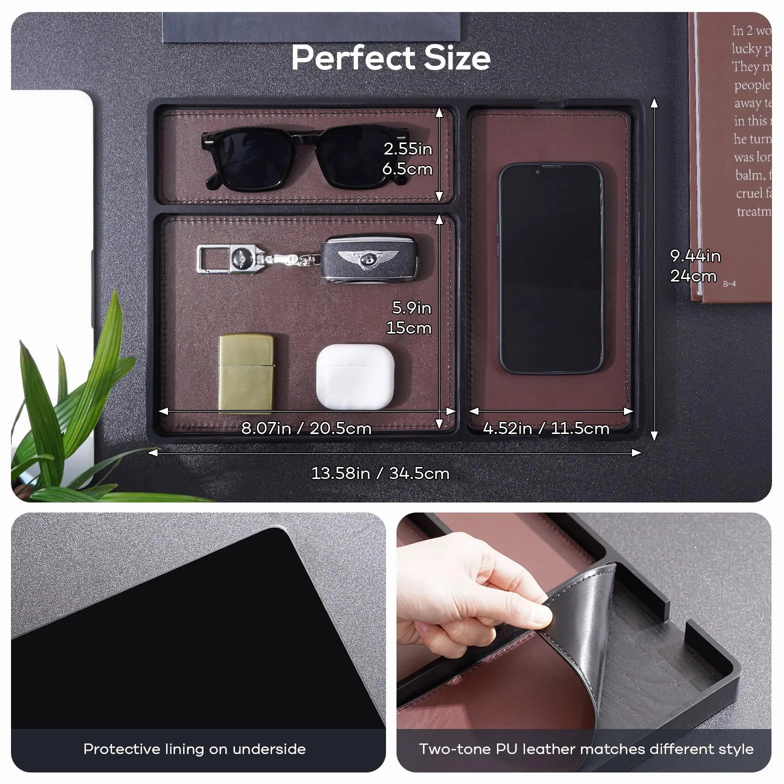 Procase Bandeja de Madera con cojín de Cuero removible para Hombres, Organizador EDC para mesita de Noche, recibidor, Dormitorio, Plato de Almacenamiento para Joyas, Llaves, Perfume, Reloj - Negro
