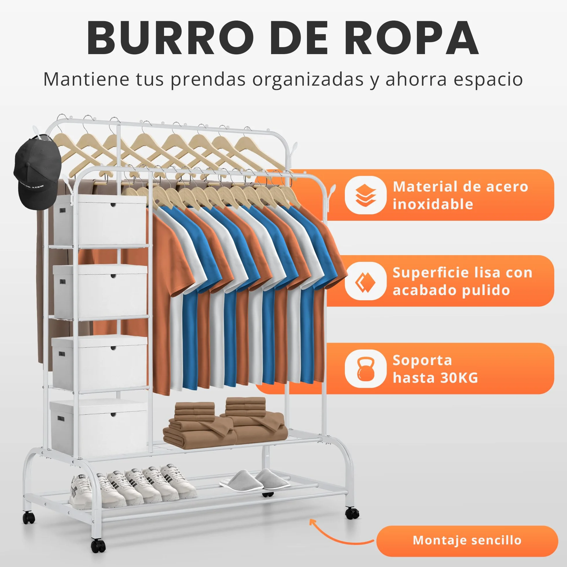 JUPPLIES Burro Ropa Resistente Perchero Doble con Soporte Ruedas Estantes Blanco
