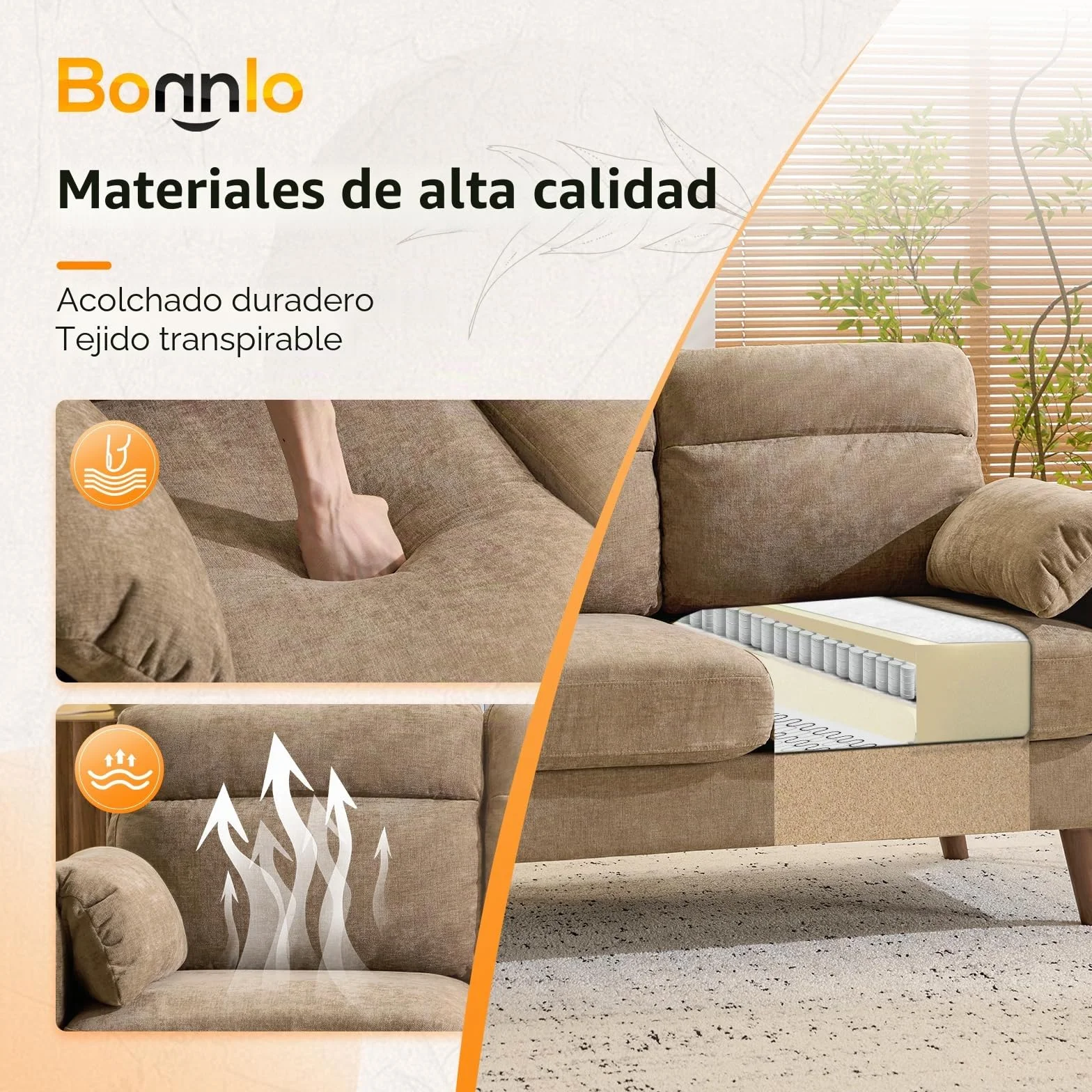 Sofá Bonnlo 2 plazas pequeño, sofá mini de 125 cm, pequeño sofá de tela con suaves reposabrazos, pequeño sofá para oficina, sala de estar, dormitorio y estudio, montaje sencillo, lino (marrón)