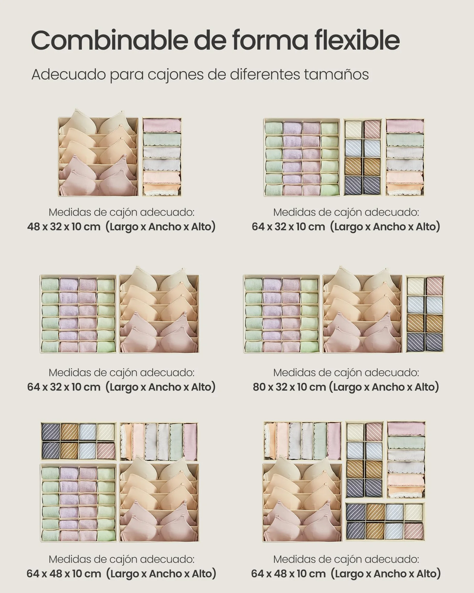 SONGMICS 8-Pack Organizadores para Cajones de Ropa Interior, Divisores Plegables, Cajas de Tela para Armario, Beige