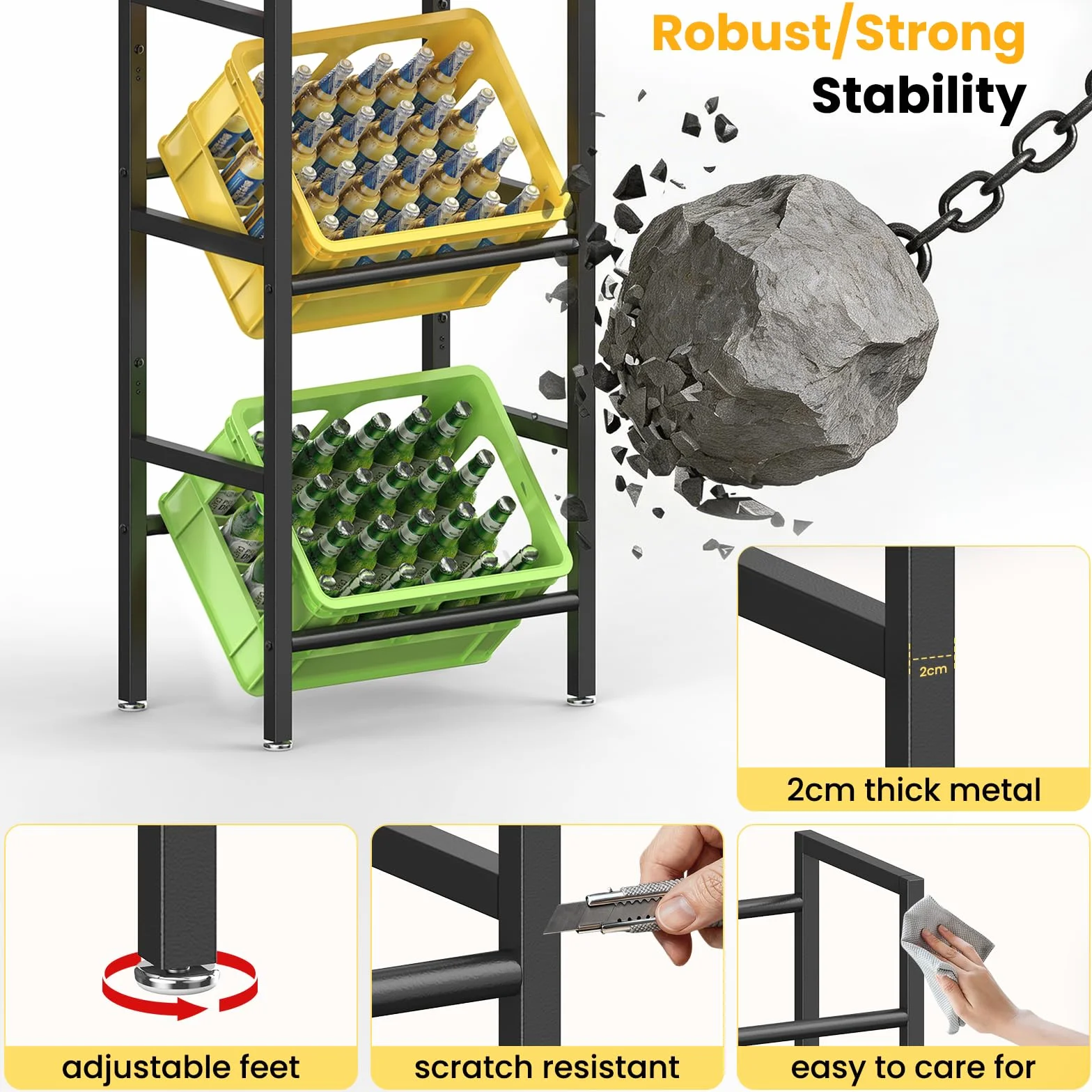 Estante de Cajas para Bebidas 3 Niveles, Estante de Almacenamiento de Botellas de Metal, Capacidad 3 Cajas, Pies Ajustables, Antióxido