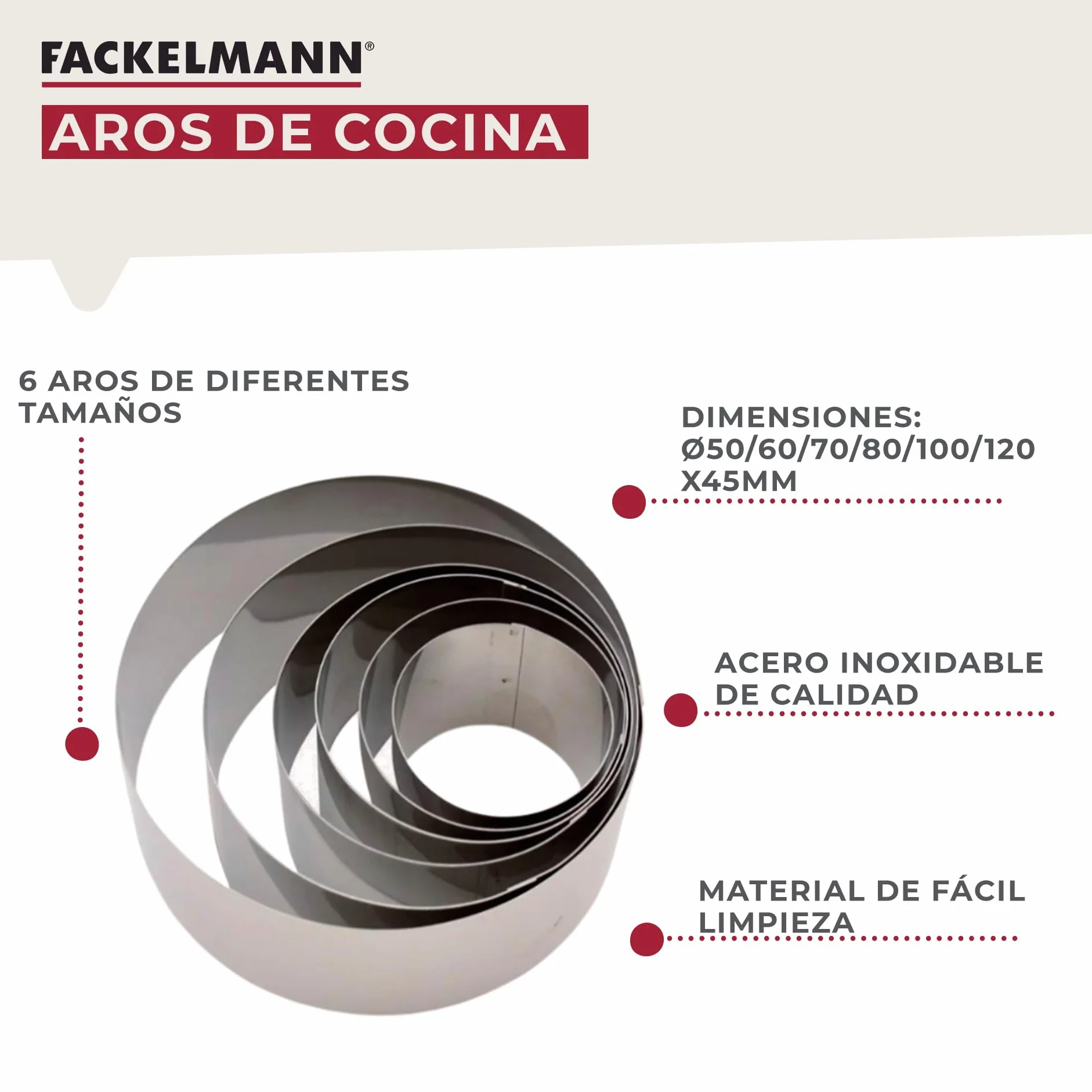 Fackelmann 6 Aros de Cocina, Moldes para Emplatar y dar forma a los alimentos, Diferentes tamaños, Acero Inoxidable, Color Gris, 5-6-7-8-10-12 x 4.5 cm, 6 Uds