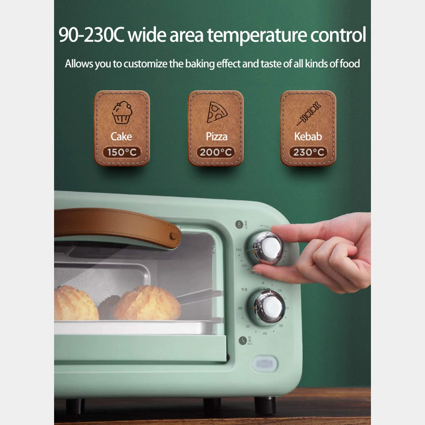 Mini Horno Compacto de 12 L, Retro y Ligero, Temperatura controlada Desde 90-230 °C/60 Minutos, Temporizador con Apagado automático, 800 W, Puerta de Vidrio Templado,Verde