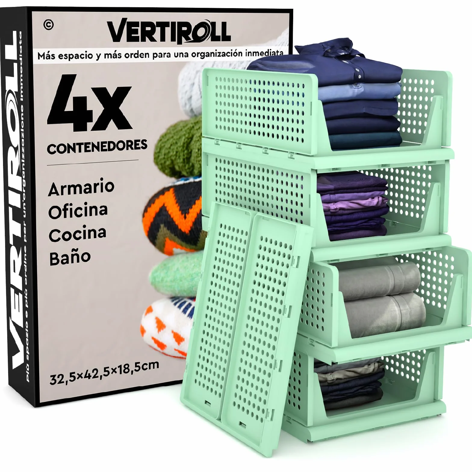 4 Cajones Deslizantes Apilables Organizador Ropa Armario VertiRoll - Contenedores Ahorrador de Espacio de Plástico Color Verde Hogar Cocina Baño Oficina Fácil de Montar - Cajones 32,5x42,5x18,5cm
