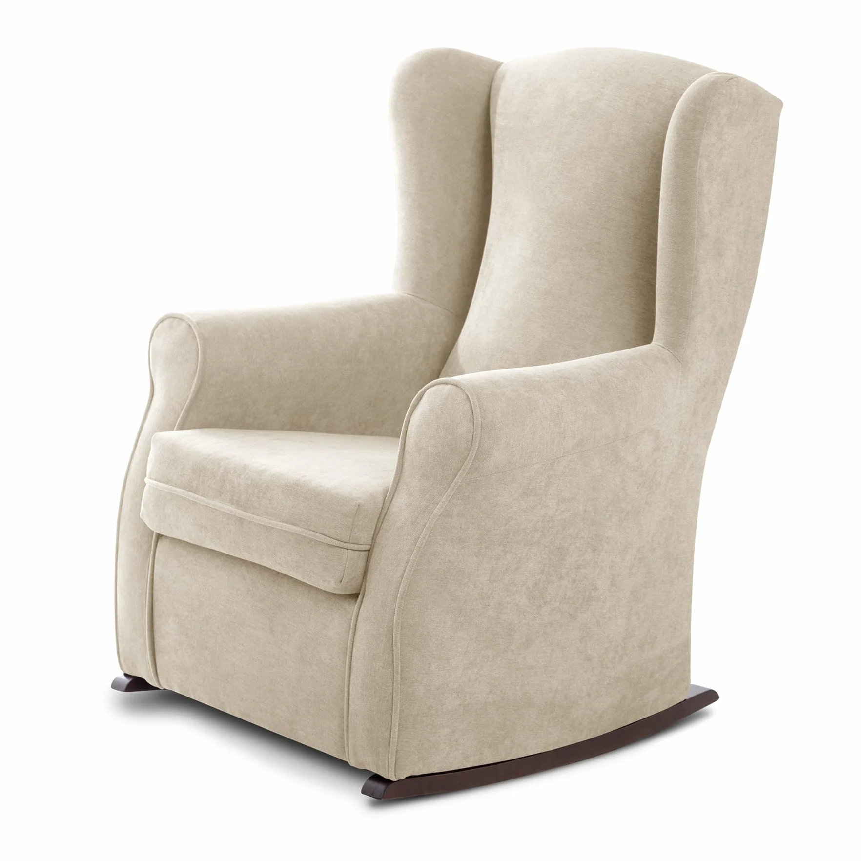 SUEÑOS ZZZ - Balancín Irene, sillón orejero de lactancia tapizado en tela anti manchas color Beige con balancín lacado en color wengué. Mecedora para dormitorio, salón o habitación de bebé