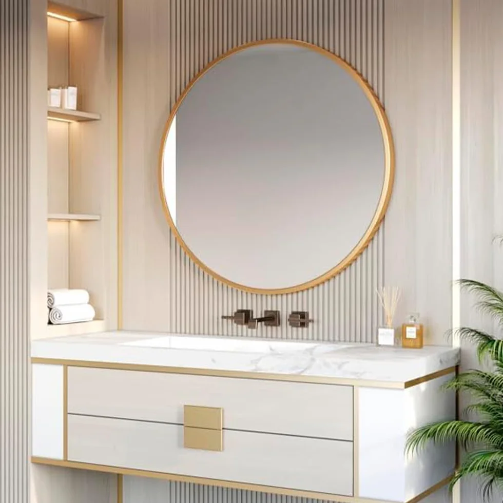 Marctani Espejo Redondo con Marco de Metal Decorativo Pared Elegante Moderno Baño Salon Recibidor Dorado 80 cm