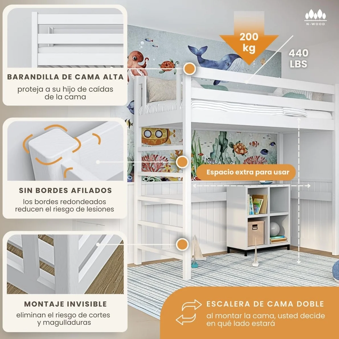 N01 Cama Loft 90x200 cm, 100% Madera Maciza, Cama Alta para niños y Adultos, Escalera Universal: Derecha o Izquierda, Somier Incluido, Sin Tornillos salientes, Hecho a Mano, Blanco