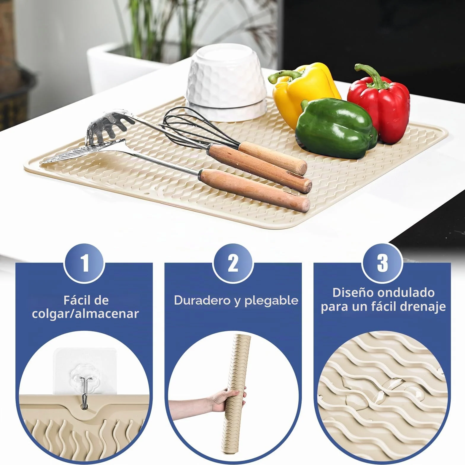 KitchenRaku Alfombrilla Escurreplatos de Silicona (Beige, 40x60cm)
