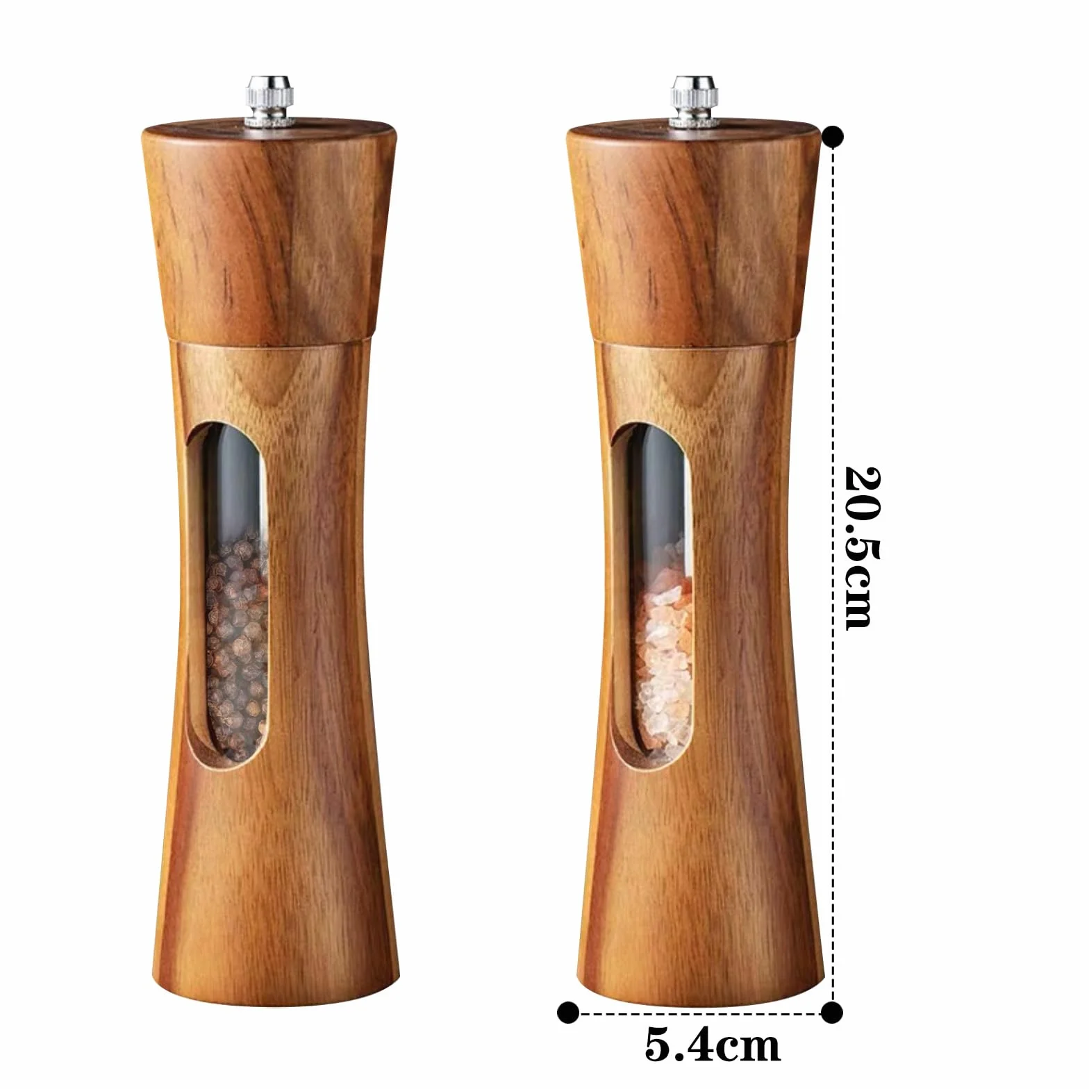 Molinillo de Pimienta de Madera con Ventana Acrílica, Molinillo de Sal de Cerámica Ajustable, 2 Piezas