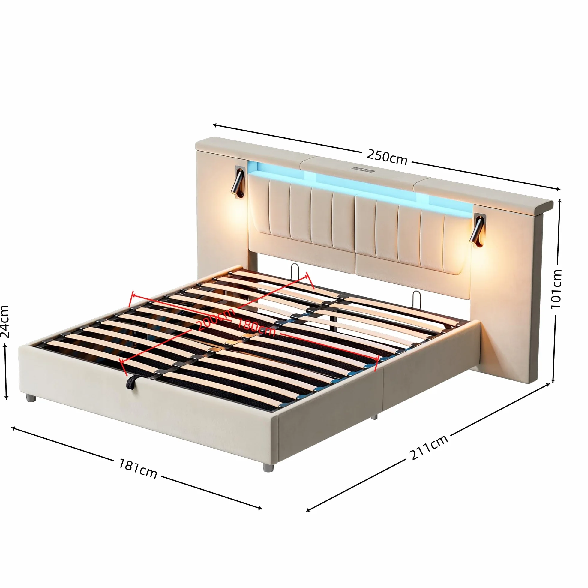 Cama 180x200 Camas Matrimoniales con Almacenaje, Cama Matrimonio con LED y Cabecero, Cama Canape con USB y lámpara de Lectura, Estructura Cama Doble con Somier, Sin Colchón, Terciopelo Beige