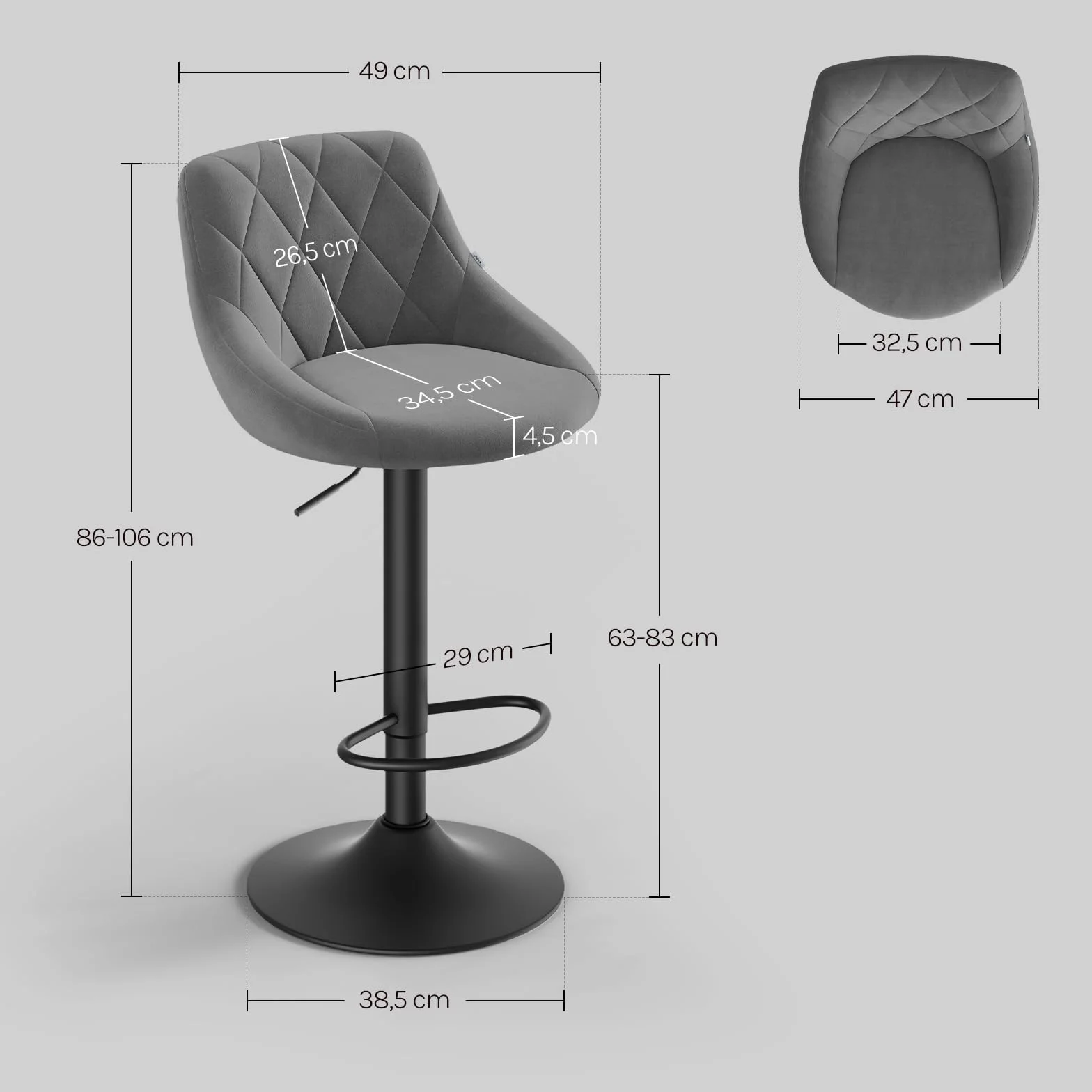 WOLTU 2X Taburete de Bar con Respaldo Terciopelo Regulable en Altura Gris Oscuro