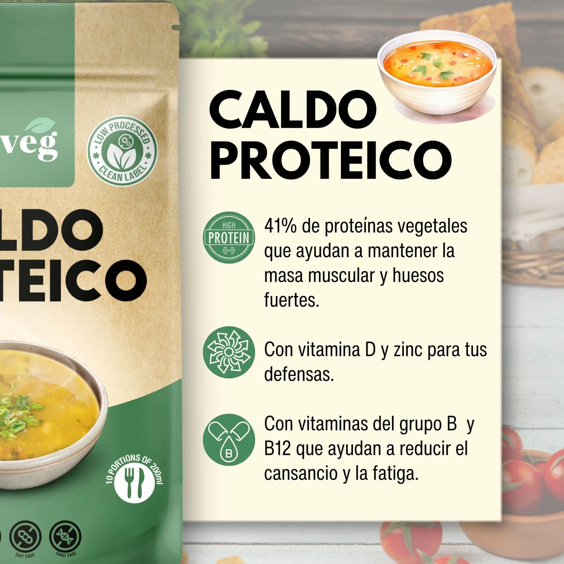NUVEG Caldo Proteico en Polvo 41% Proteína 13% Fibra Sin Gluten Sin Lactosa Vegano Pack 2 400g
