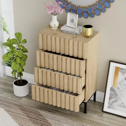 UEV Cómoda con Cajones de 60 x 34,5 x 92 cm, Armario con 4 Cajones, Cómoda Estrecha, Armario para Salón, Dormitorio, Pasillo, Natural