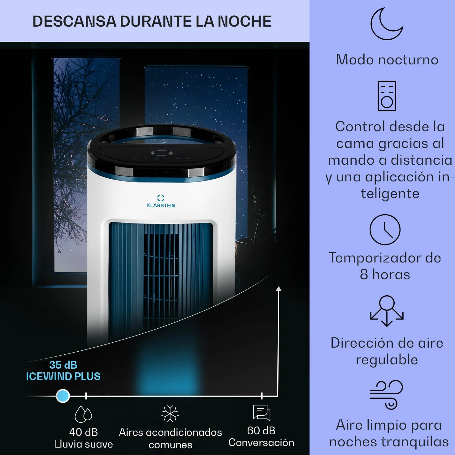 Klarstein IceWind Plus Climatizador Evaporativo – 4 en 1: Ventilador, Enfriador, Humidificador & Purificador, 330 m³/h, Control App & Alexa, Silencioso, Depósito 7L, Azul metalizado/Blanco
