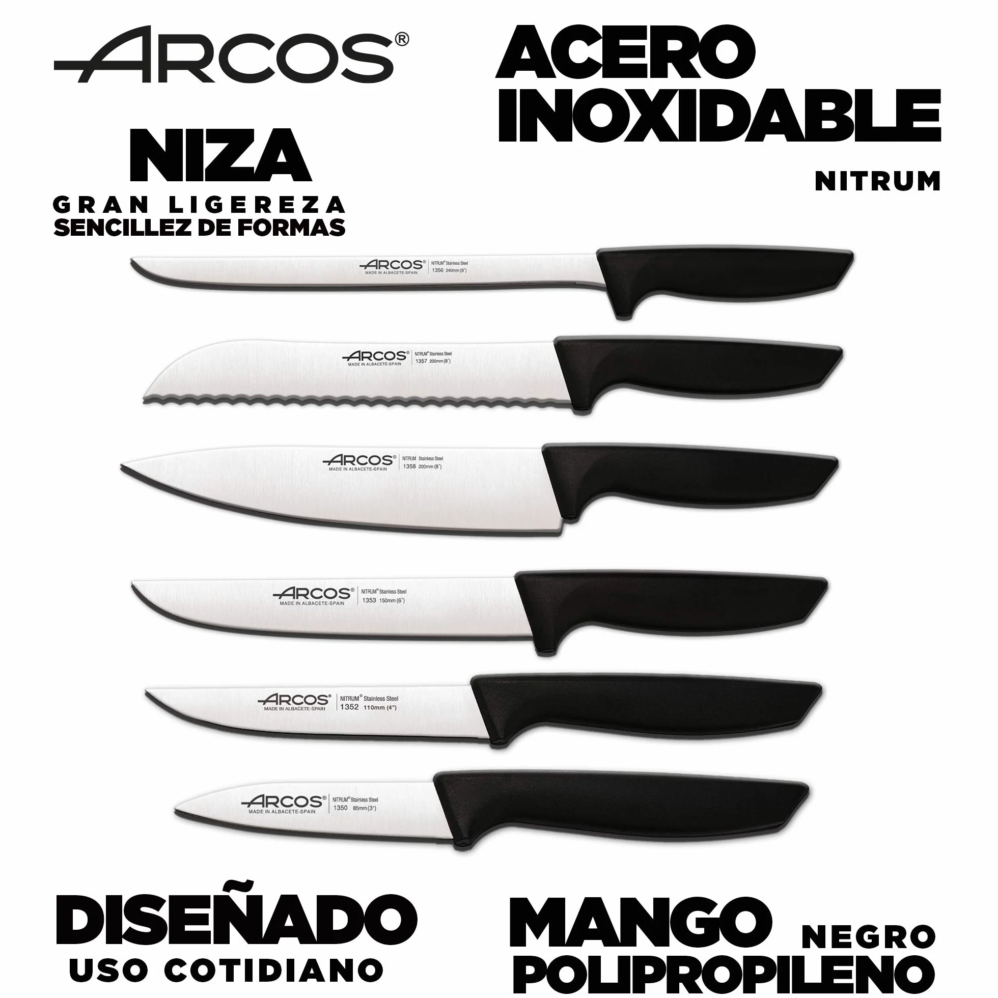 Arcos Juego Cuchillos Cocina Profesional 6 pzas Acero Inoxidable Mango Negro Serie Niza