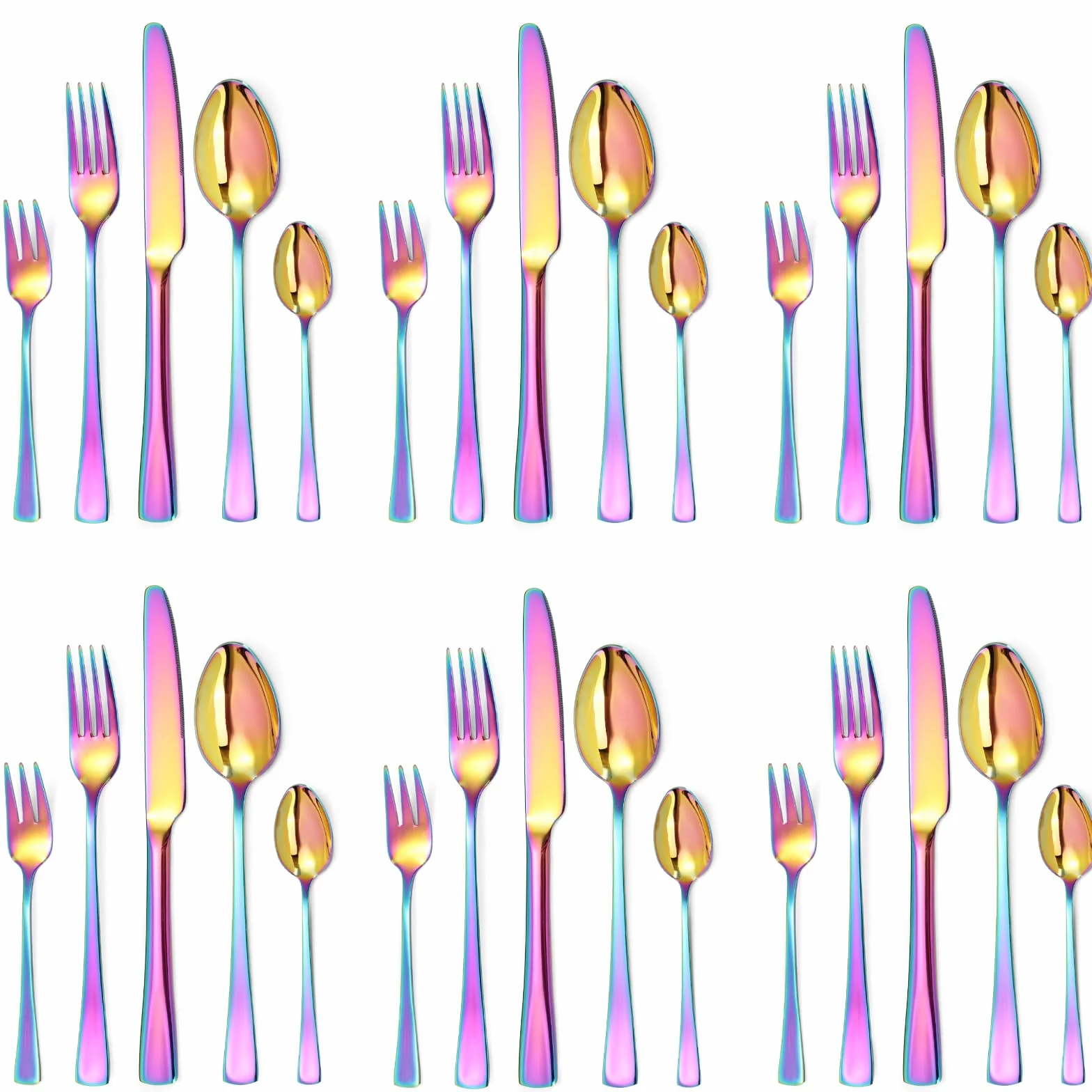 Juego de cubiertos para 6 personas, 30 piezas, multicolor, incluye cuchillo, tenedor, cuchara, cubiertos de acero inoxidable pulido con espejo, apto para lavavajillas
