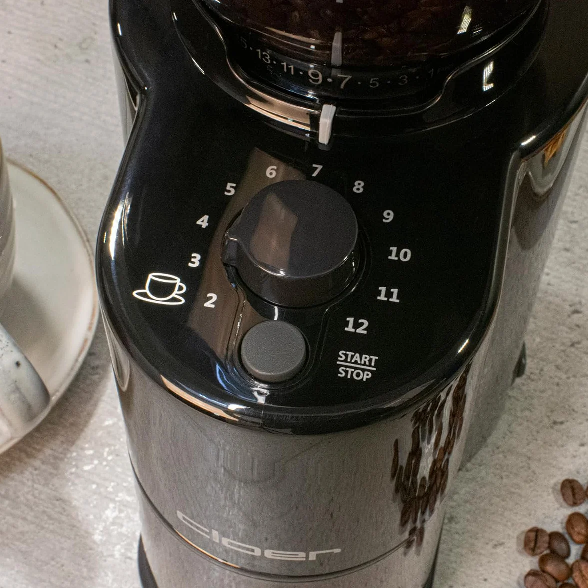 Cloer 7520 Molinillo de café eléctrico con amoladora de rebabas cónicas, 2-12 tazas, 300 g granos de café, 150 vatios, grado de molienda ajustable, negro