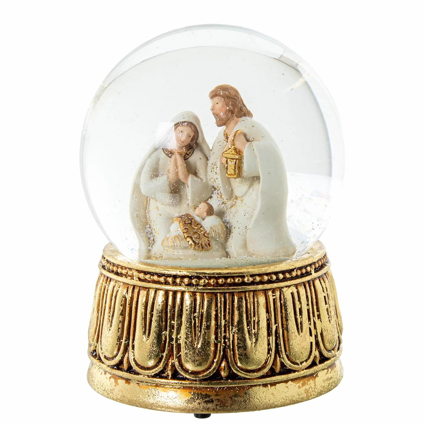 Bola de Nieve con Figura Natividad Musical de Resina a Cuerda en Blanco y Dorado 10x10x14.5 cm