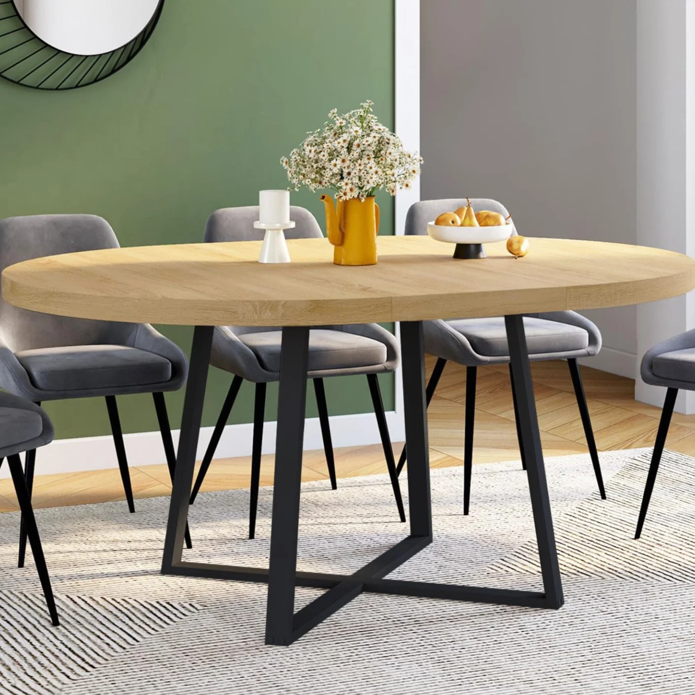 IDMarket Selma – Mesa de comedor extensible redonda para 4-8 personas, madera y negro, 110-150 cm