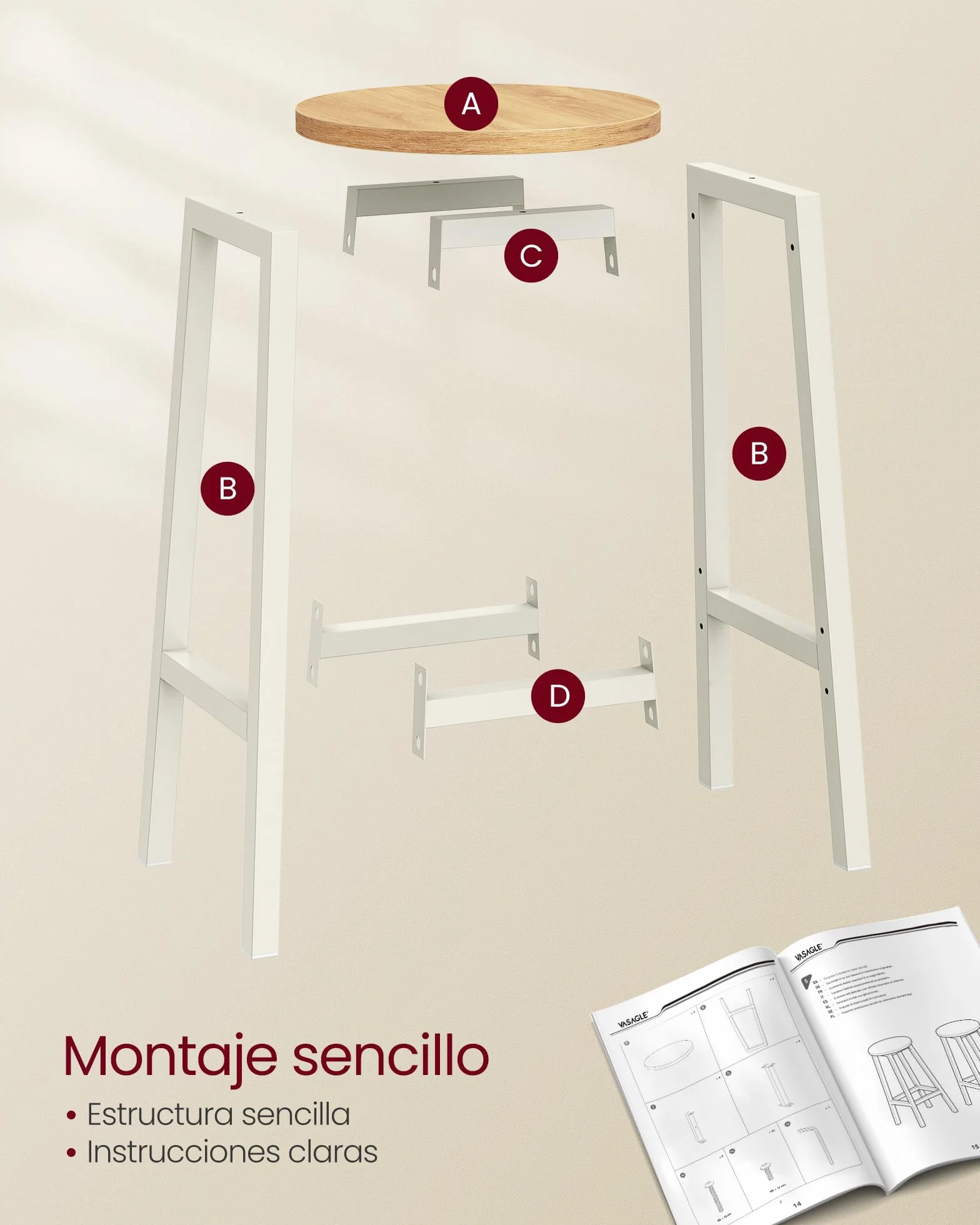 VASAGLE Juego de 2 Taburetes de Bar, Altura 65 cm, con Reposapiés, Beige Roble y Blanco