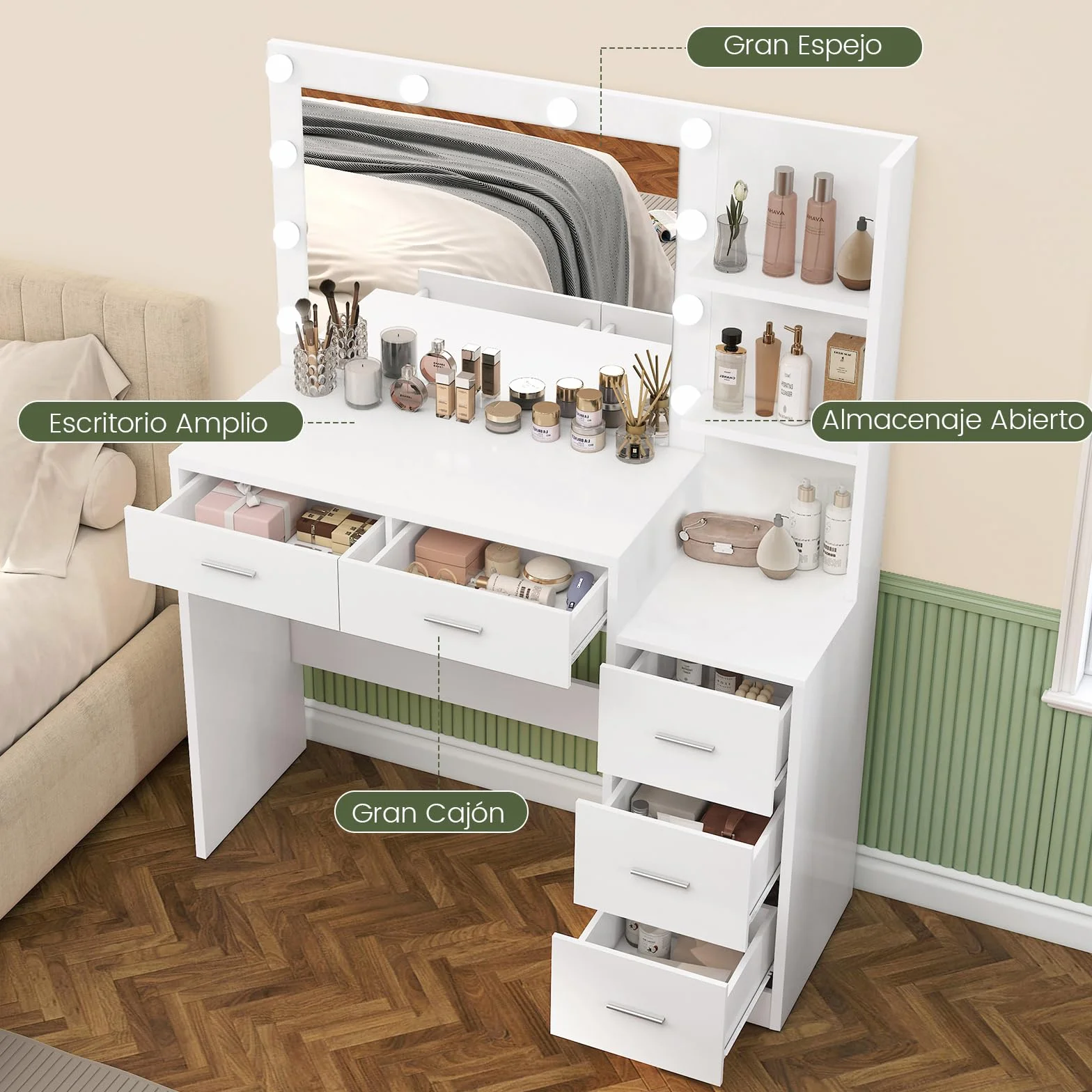 FIONESO 110cm Tocador de Maquillaje con Espejo Grande y Luces LED, Mesa de Maquillaje con 5 Cajones, 2 Estantes Abiertos, para Niñas, Blanco