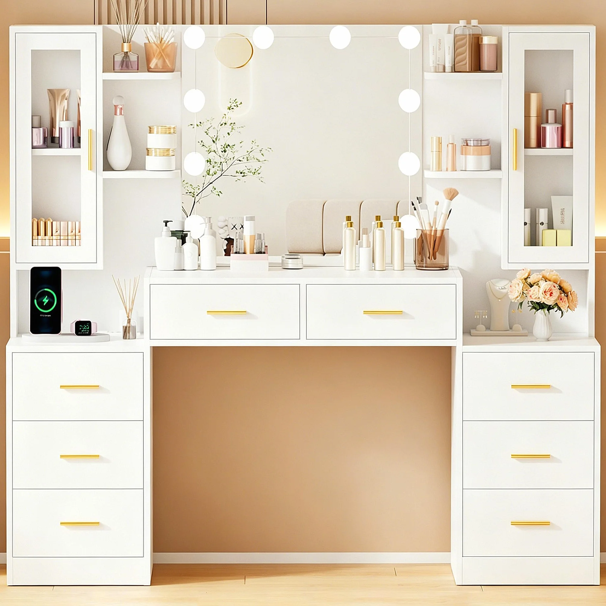ANWBROAD 150cm Grande Tocador de Maquillaje con Iluminación LED Ajustable en 3 Colores Mesa de Maquillaje con Enchufes y Espejo Tocador Blanco Moderno con 8 Cajones 6 Estantes BDT67W