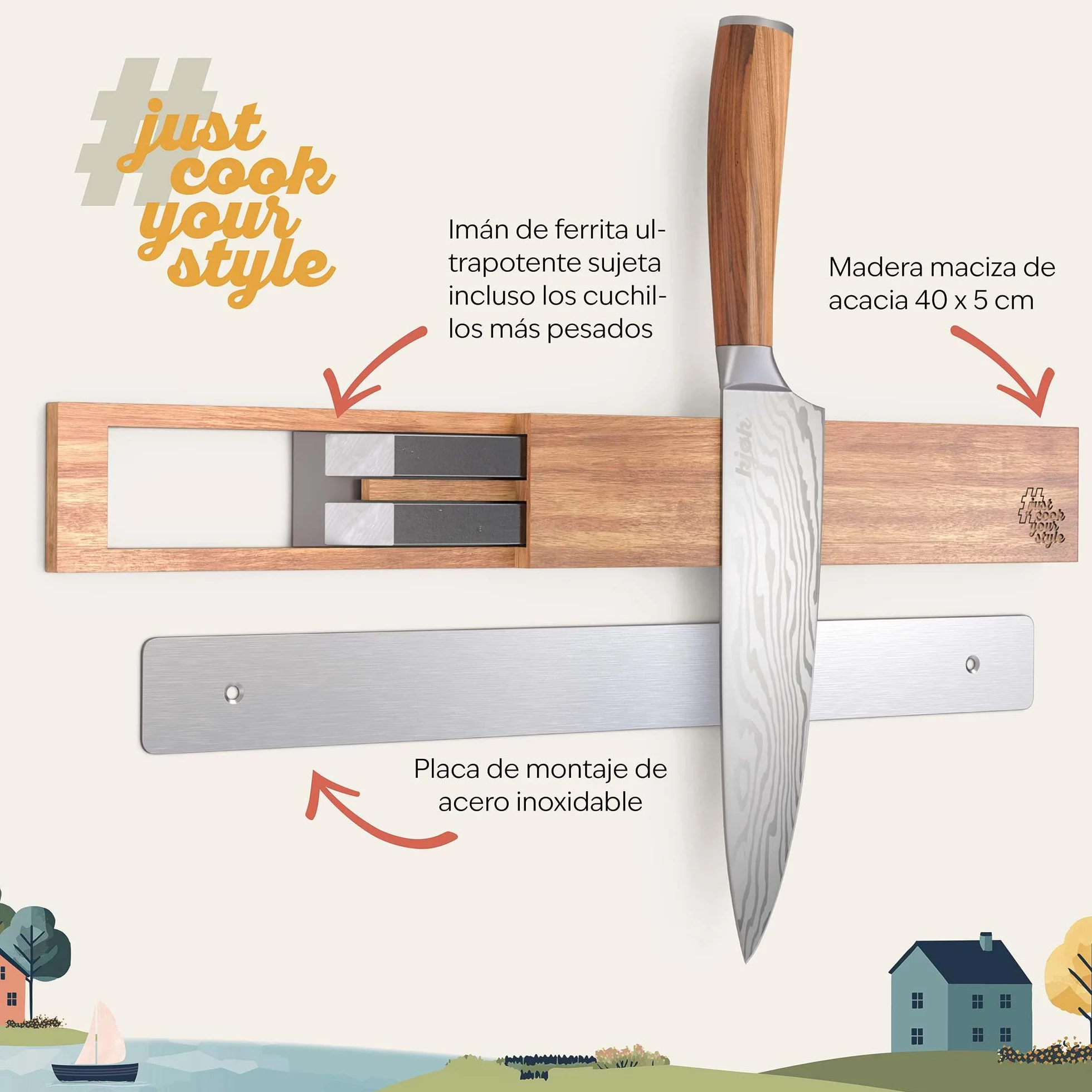kjøk Barra Magnética para Cuchillos de Madera de Acacia – soporte magnético de pared para cuchillos, tijeras y utensilios – montaje con adhesivo o tornillos, accesorios incluidos