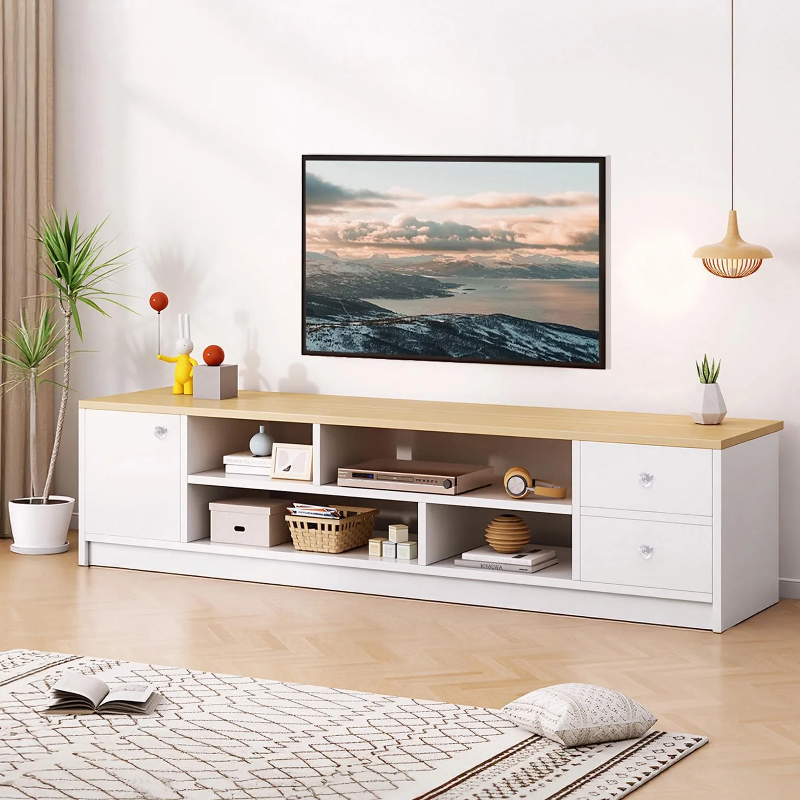 SHARPDO Mueble TV 160 cm Blanco y Madera, Mueble Bajo de Salón con 2 Cajones, 1 Puerta y 4 Compartimentos, Mesa TV Moderna para Salón y Dormitorio